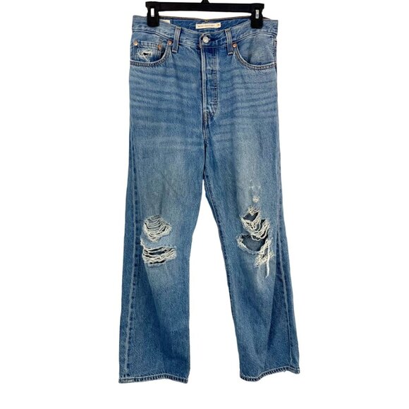 Levi's Ribcage Straight Ankle Jeans Distressed Lyocell Medium Wash - Size 28 - Picture 1 of 9